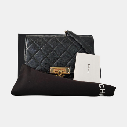 CHANEL DOUBLE CC Black Calfskin Quilted Leather Single Shoulder Bag Crossbody Bag Golden Hardware 25 Clasp-(SKU)-961310373