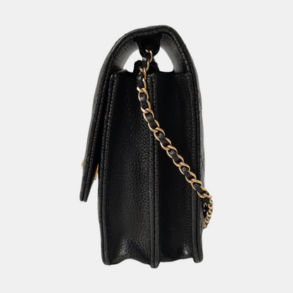 CHANEL DOUBLE CC Black Calfskin Quilted Leather Single Shoulder Bag Crossbody Bag Golden Hardware 25 Clasp-(SKU)-961310373