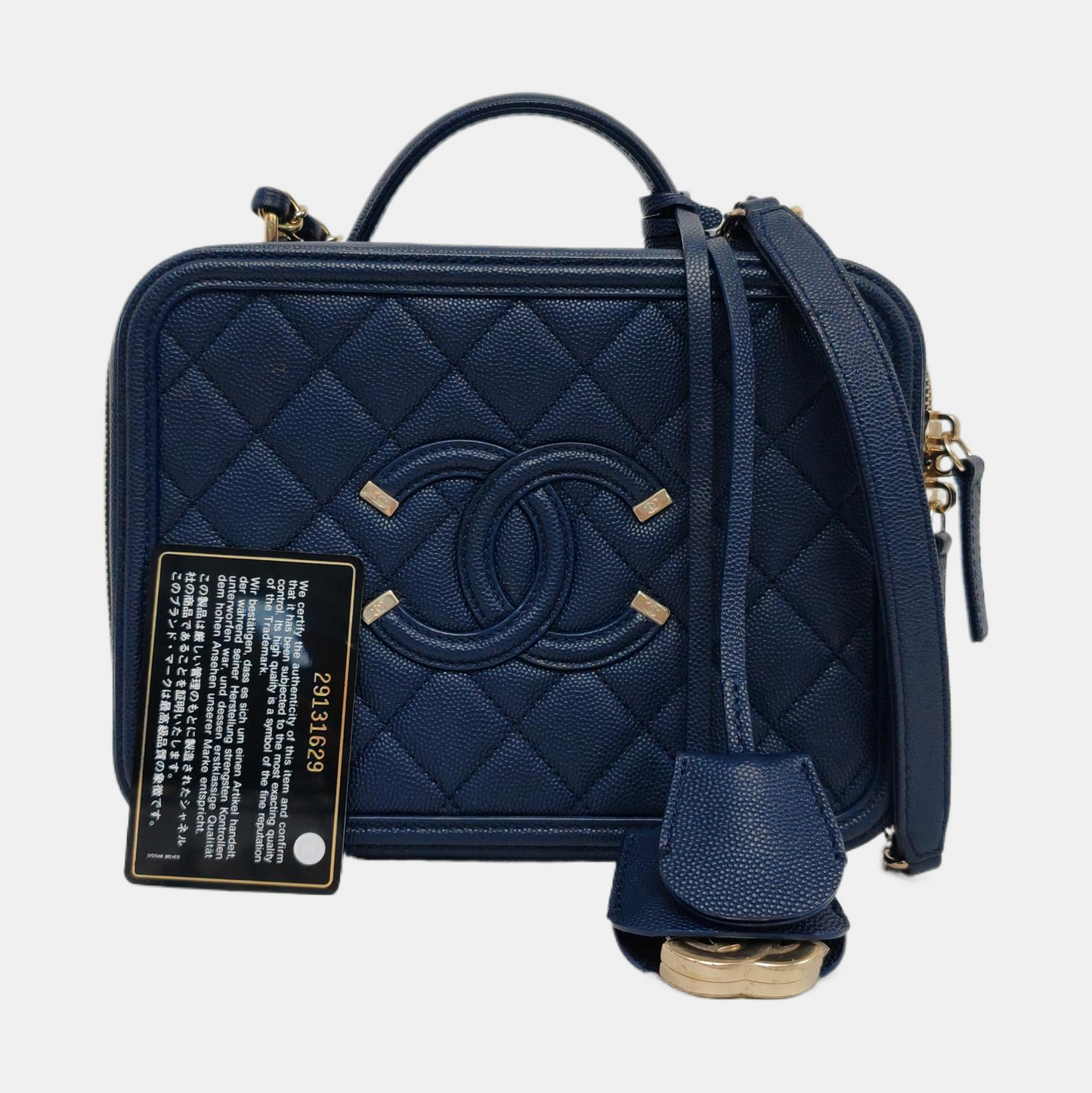 CHANEL FILIGREE Medium Blue Grained Calfskin Quilted Shoulder Bag Tote Crossbody Bag with Detachable Strap Gold Hardware 29 Compartments-(SKU)-961482565