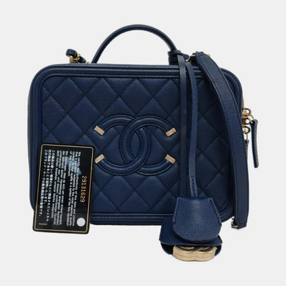 CHANEL FILIGREE Medium Blue Grained Calfskin Quilted Shoulder Bag Tote Crossbody Bag with Detachable Strap Gold Hardware 29 Compartments-(SKU)-961482565