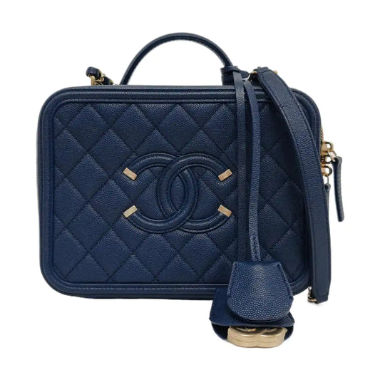 CHANEL FILIGREE Medium Blue Grained Calfskin Quilted Shoulder Bag Tote Crossbody Bag with Detachable Strap Gold Hardware 29 Compartments-(SKU)-961482565