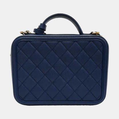 CHANEL FILIGREE Medium Blue Grained Calfskin Quilted Shoulder Bag Tote Crossbody Bag with Detachable Strap Gold Hardware 29 Compartments-(SKU)-961482565