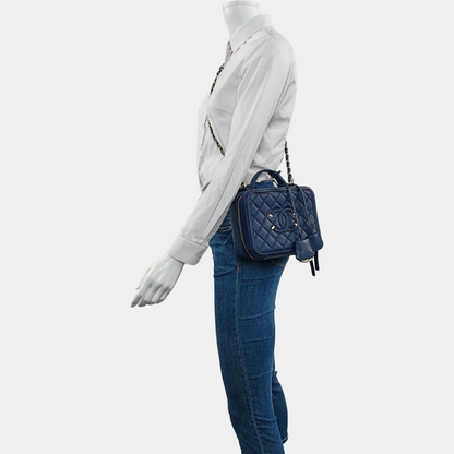 CHANEL FILIGREE Medium Blue Grained Calfskin Quilted Shoulder Bag Tote Crossbody Bag with Detachable Strap Gold Hardware 29 Compartments-(SKU)-961482565