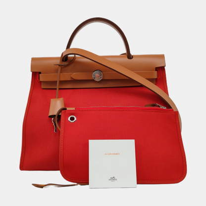 HERMÈS Herbag 31 National Flag Red Canvas Crossbody Tote Bag Single Shoulder Bag Silver Hardware A Removable Strap-(SKU)-961466462