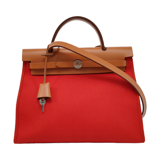 HERMÈS Herbag 31 National Flag Red Canvas Crossbody Tote Bag Single Shoulder Bag Silver Hardware A Removable Strap-(SKU)-961466462