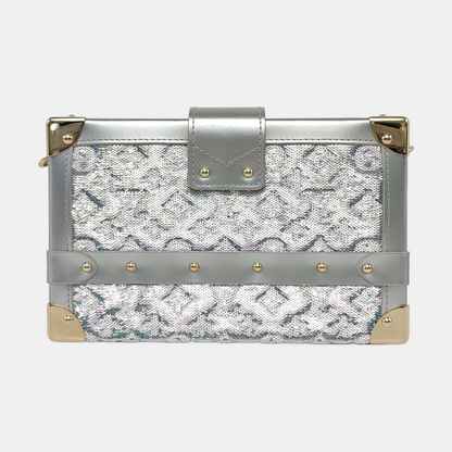 LOUIS VUITTON PETITE MALLE Silver Satin Shoulder Bag Crossbody Golden Hardware Removable Shoulder Strap Complete Accessories-(SKU)-961332912