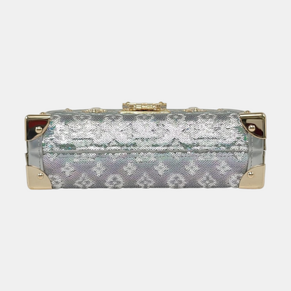 LOUIS VUITTON PETITE MALLE Silver Satin Shoulder Bag Crossbody Golden Hardware Removable Shoulder Strap Complete Accessories-(SKU)-961332912