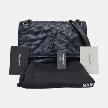 YSL NIKI Small Size Dark Blue Calf Leather Quilted V-Stitch Single Shoulder Bag Crossbody Bag Palladium Hardware-(SKU)-932669743