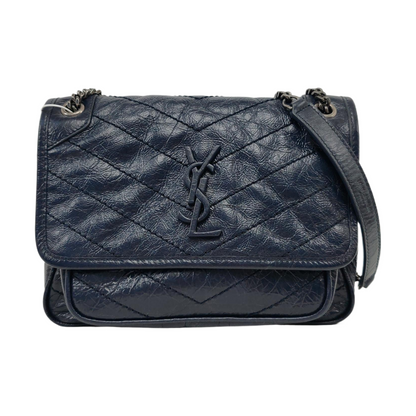 YSL NIKI Small Size Dark Blue Calf Leather Quilted V-Stitch Single Shoulder Bag Crossbody Bag Palladium Hardware-(SKU)-932669743