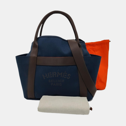 HERMÈS Sac De Pansage 38 Deep Blue Canvas Crossbody Shoulder Bag Tote Bag Silver Hardware U Engraving Removable Shoulder Strap-(SKU)-961484827