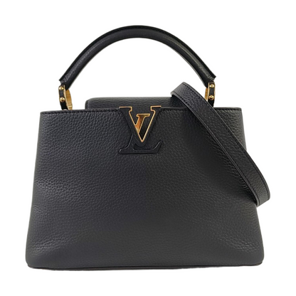 LOUIS VUITTON CAPUCINES BB Black Leather Crossbody Handbag Shoulder Bag Silver Hardware Detachable Strap Full Accessories-(SKU)-961060844