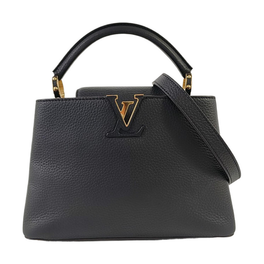 LOUIS VUITTON CAPUCINES BB Black Leather Crossbody Handbag Shoulder Bag Silver Hardware Detachable Strap Full Accessories-(SKU)-961060844