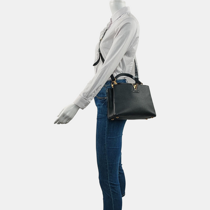 LOUIS VUITTON CAPUCINES BB Black Leather Crossbody Handbag Shoulder Bag Silver Hardware Detachable Strap Full Accessories-(SKU)-961060844