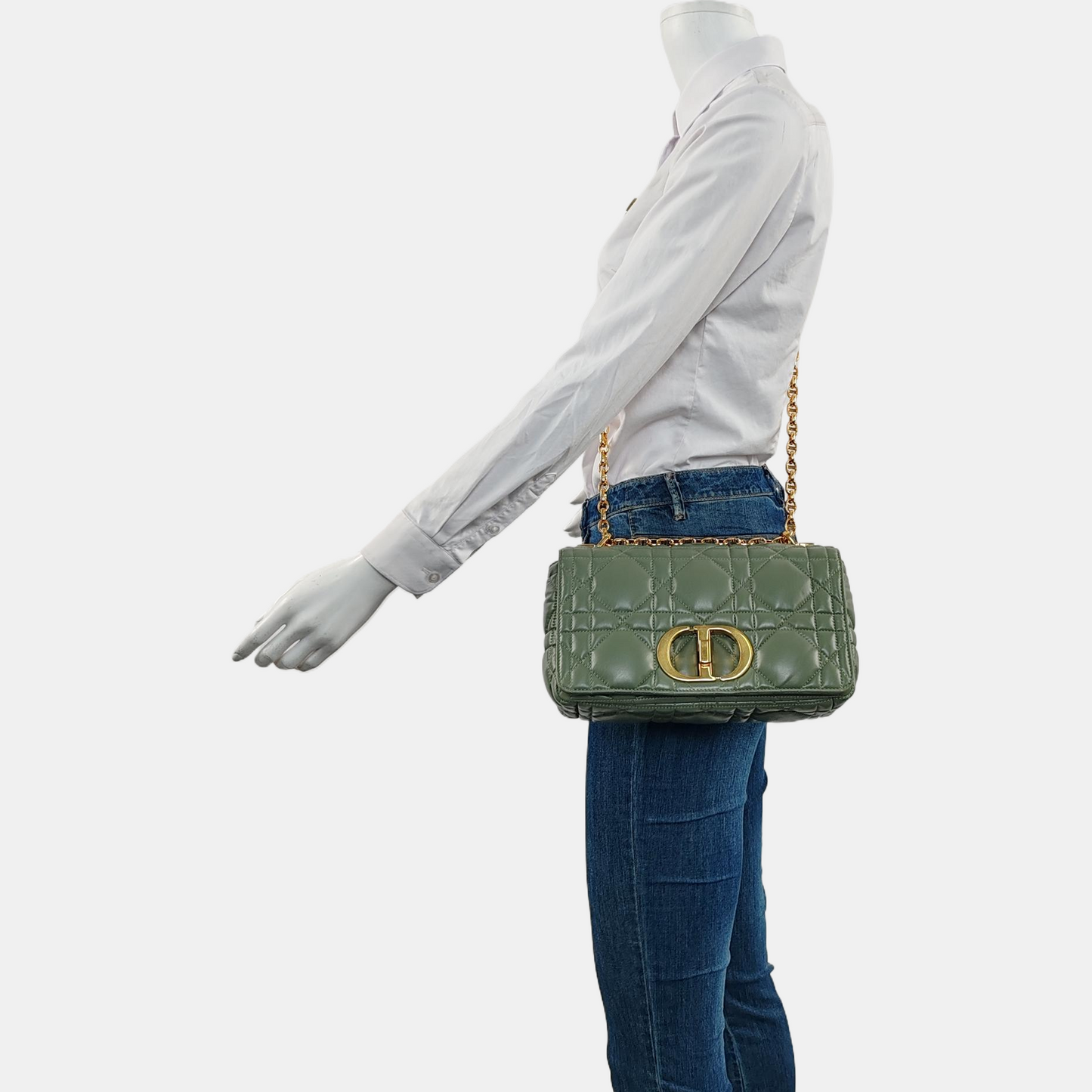 DIOR Dior Caro Medium Green Lamb Skin Monogram Quilted Crossbody Bag, Shoulder Bag, Golden Hardware-(SKU)-961613403