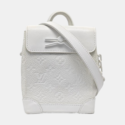 LOUIS VUITTON STEAMER Extra Small Size White Calfskin Monogram Embossed Crossbody Shoulder Bag Black Hardware Removable Shoulder Strap-(SKU)-961736730