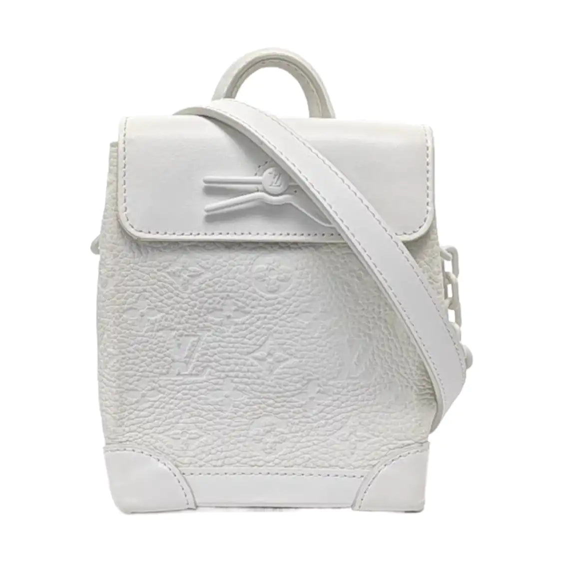 LOUIS VUITTON STEAMER Extra Small Size White Calfskin Monogram Embossed Crossbody Shoulder Bag Black Hardware Removable Shoulder Strap-(SKU)-961736730