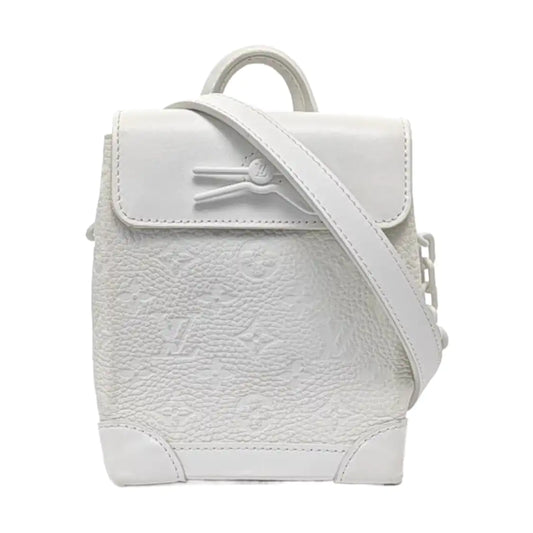 LOUIS VUITTON STEAMER Extra Small Size White Calfskin Monogram Embossed Crossbody Shoulder Bag Black Hardware Removable Shoulder Strap-(SKU)-961736730