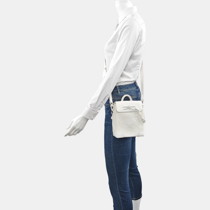 LOUIS VUITTON STEAMER Extra Small Size White Calfskin Monogram Embossed Crossbody Shoulder Bag Black Hardware Removable Shoulder Strap-(SKU)-961736730