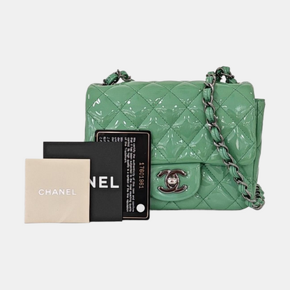 CHANEL CLASSIC FLAP Mini Green Patent Leather Diamond Quilted Square Crossbody Bag Shoulder Bag Silver Hardware 17 Opening-(SKU)-961809465