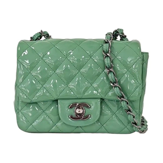CHANEL CLASSIC FLAP Mini Green Patent Leather Diamond Quilted Square Crossbody Bag Shoulder Bag Silver Hardware 17 Opening-(SKU)-961809465