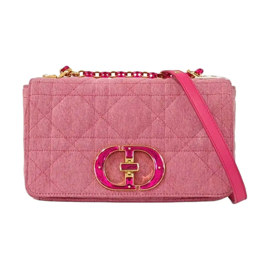 DIOR Dior Caro Medium Pink Denim Quilted Bag Crossbody Shoulder Bag Gold Red Hardware Removable Strap-(SKU)-961770509