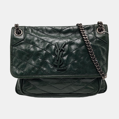 YSL NIKI Medium Size Dark Green Calf Leather V-Stitch Crinkle Single Shoulder Bag Crossbody Bag Black Hardware-(SKU)-961734723