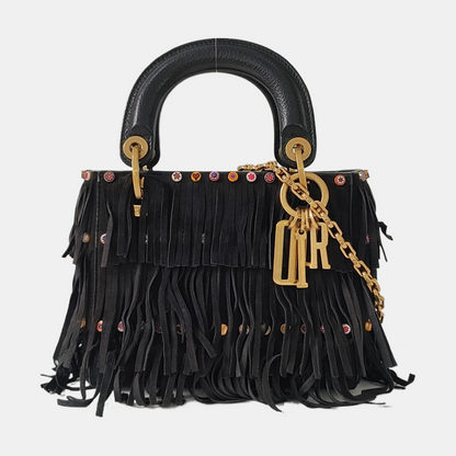 DIOR Lady Dior Mini Black Suede Leather Studded Fringe Crossbody Bag with Gold Hardware, Detachable Strap-(SKU)-961788599