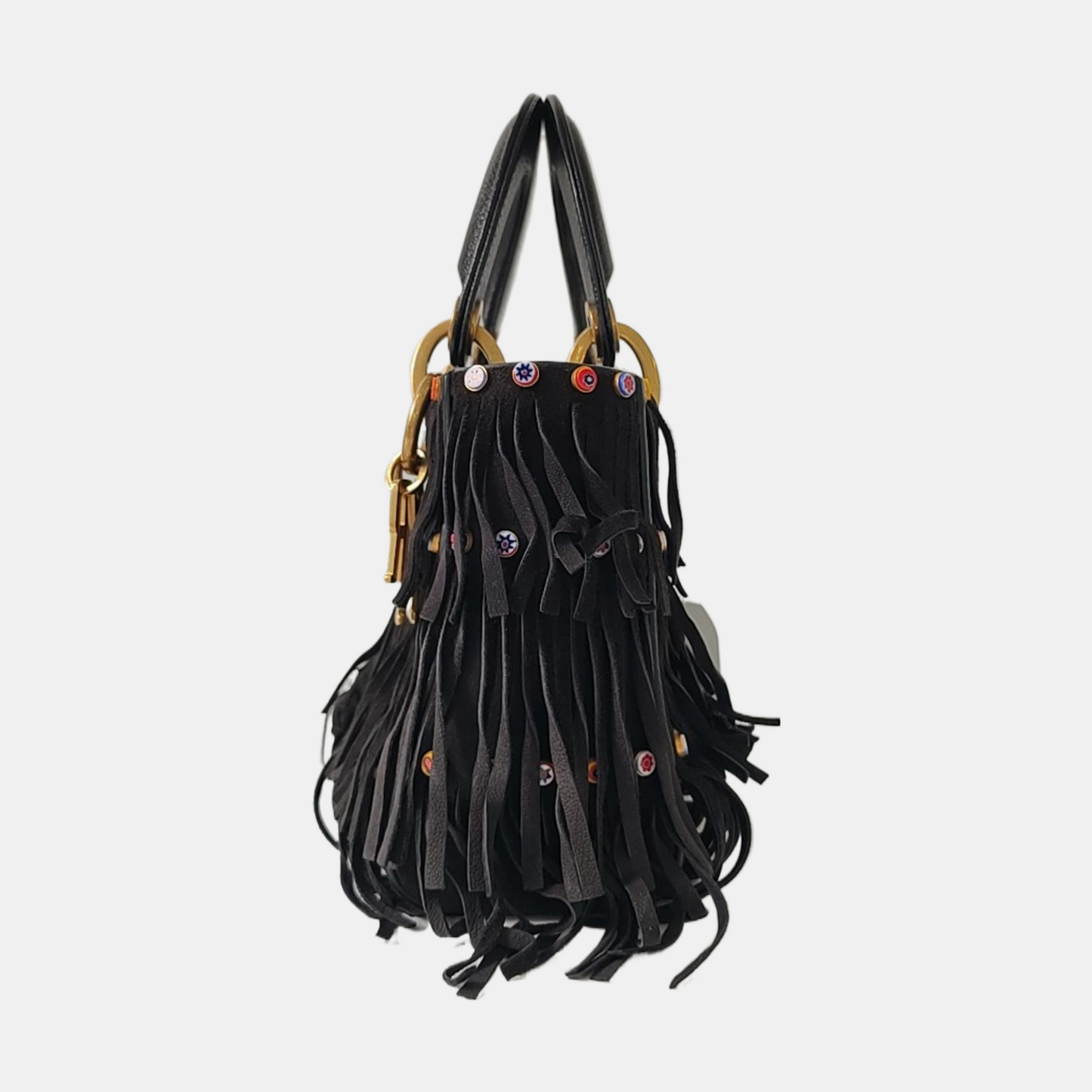 DIOR Lady Dior Mini Black Suede Leather Studded Fringe Crossbody Bag with Gold Hardware, Detachable Strap-(SKU)-961788599