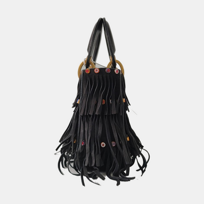 DIOR Lady Dior Mini Black Suede Leather Studded Fringe Crossbody Bag with Gold Hardware, Detachable Strap-(SKU)-961788599