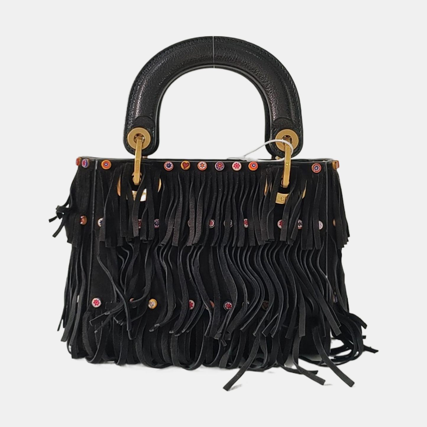 DIOR Lady Dior Mini Black Suede Leather Studded Fringe Crossbody Bag with Gold Hardware, Detachable Strap-(SKU)-961788599