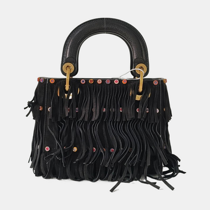 DIOR Lady Dior Mini Black Suede Leather Studded Fringe Crossbody Bag with Gold Hardware, Detachable Strap-(SKU)-961788599