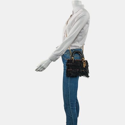 DIOR Lady Dior Mini Black Suede Leather Studded Fringe Crossbody Bag with Gold Hardware, Detachable Strap-(SKU)-961788599