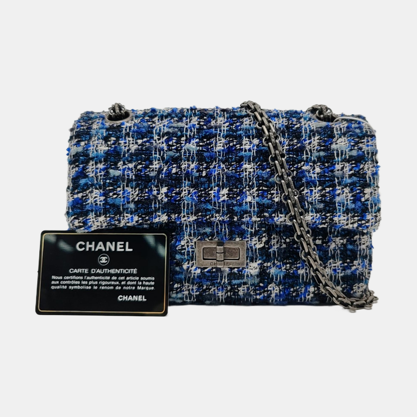 CHANEL 2.55 Mini Blue Tweed Woven Crossbody Shoulder Bag with Black Hardware, 29 Clasps-(SKU)-962059066