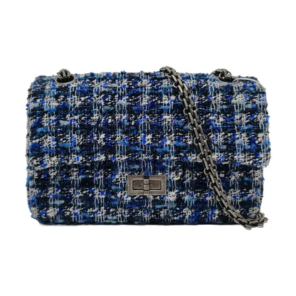 CHANEL 2.55 Mini Blue Tweed Woven Crossbody Shoulder Bag with Black Hardware, 29 Clasps-(SKU)-962059066