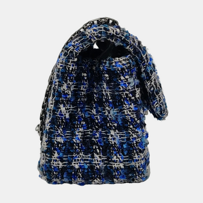 CHANEL 2.55 Mini Blue Tweed Woven Crossbody Shoulder Bag with Black Hardware, 29 Clasps-(SKU)-962059066