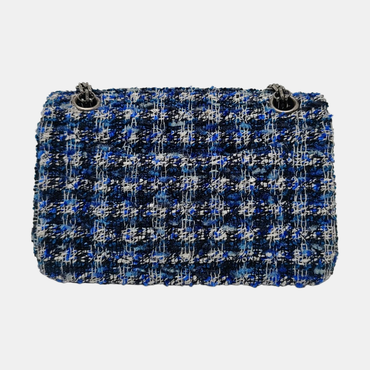 CHANEL 2.55 Mini Blue Tweed Woven Crossbody Shoulder Bag with Black Hardware, 29 Clasps-(SKU)-962059066