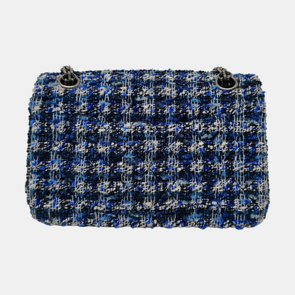 CHANEL 2.55 Mini Blue Tweed Woven Crossbody Shoulder Bag with Black Hardware, 29 Clasps-(SKU)-962059066
