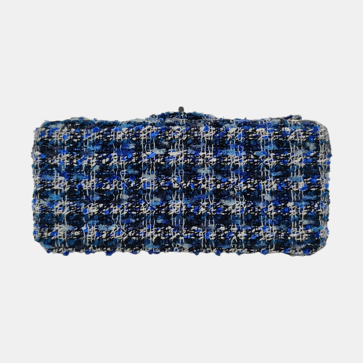 CHANEL 2.55 Mini Blue Tweed Woven Crossbody Shoulder Bag with Black Hardware, 29 Clasps-(SKU)-962059066