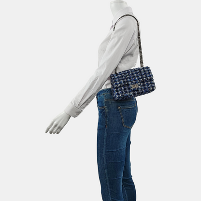 CHANEL 2.55 Mini Blue Tweed Woven Crossbody Shoulder Bag with Black Hardware, 29 Clasps-(SKU)-962059066