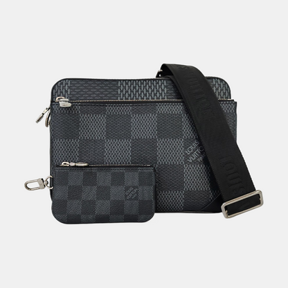 LOUIS VUITTON TRIO Gray Calfskin Monogram Checkerboard 3-in-1 Shoulder Bag Tote Bag Silver Hardware Removable Strap-(SKU)-962206815