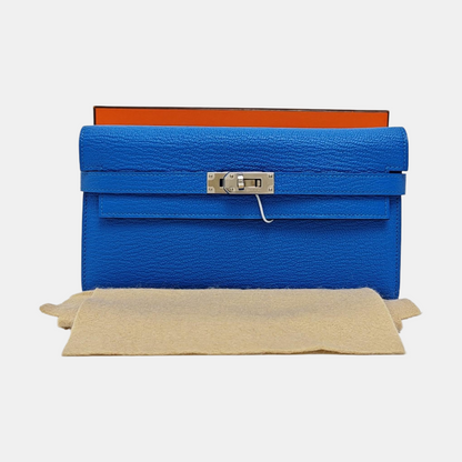 HERMÈS Kelly Seawater Blue Chèvre Mysore Calfskin Kelly Bag Wallet Silver Hardware A Outside Stitch-(SKU)-950569436