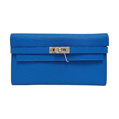 HERMÈS Kelly Seawater Blue Chèvre Mysore Calfskin Kelly Bag Wallet Silver Hardware A Outside Stitch-(SKU)-950569436