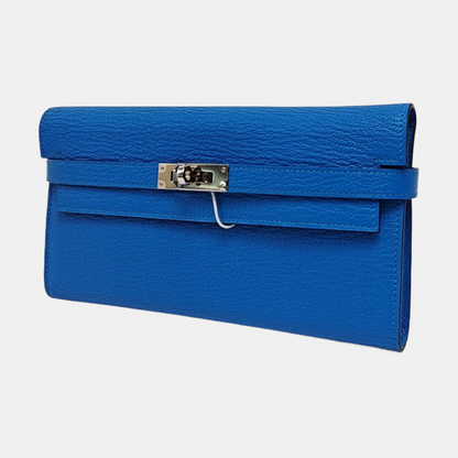 HERMÈS Kelly Seawater Blue Chèvre Mysore Calfskin Kelly Bag Wallet Silver Hardware A Outside Stitch-(SKU)-950569436