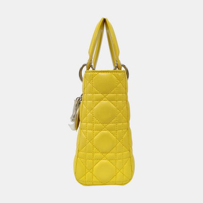 DIOR Lady Dior Small Size Yellow Lamb Skin Cannage Quilted Diaper Bag Crossbody Shoulder Bag Handbag Silver Hardware Removable Strap-(SKU)-962480744
