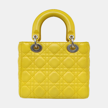 DIOR Lady Dior Small Size Yellow Lamb Skin Cannage Quilted Diaper Bag Crossbody Shoulder Bag Handbag Silver Hardware Removable Strap-(SKU)-962480744