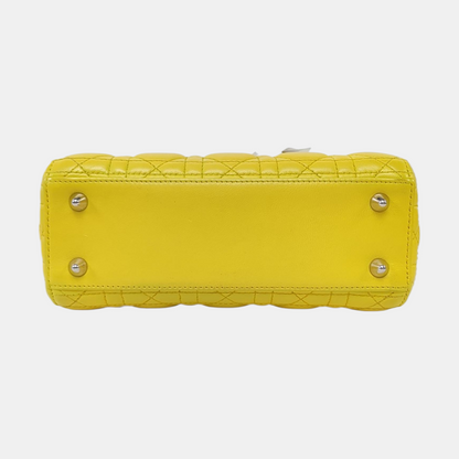 DIOR Lady Dior Small Size Yellow Lamb Skin Cannage Quilted Diaper Bag Crossbody Shoulder Bag Handbag Silver Hardware Removable Strap-(SKU)-962480744