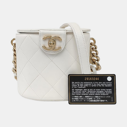 CHANEL ROUND VANITY White Calfskin Quilted Cannage Makeup Bag Shoulder Bag Tote Bag Crossbody Bag 29K Gold Hardware-(SKU)-962516521