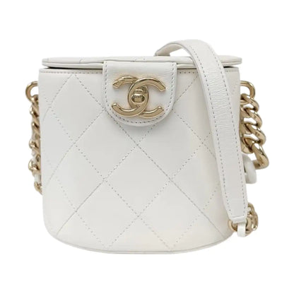 CHANEL ROUND VANITY White Calfskin Quilted Cannage Makeup Bag Shoulder Bag Tote Bag Crossbody Bag 29K Gold Hardware-(SKU)-962516521