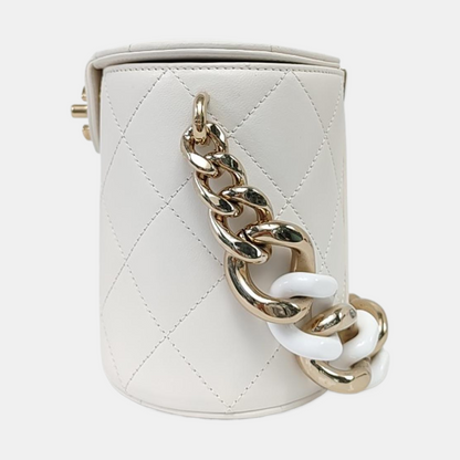 CHANEL ROUND VANITY White Calfskin Quilted Cannage Makeup Bag Shoulder Bag Tote Bag Crossbody Bag 29K Gold Hardware-(SKU)-962516521