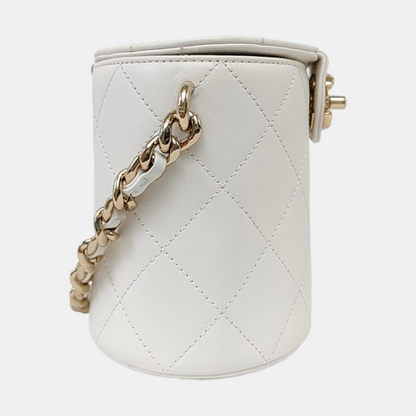 CHANEL ROUND VANITY White Calfskin Quilted Cannage Makeup Bag Shoulder Bag Tote Bag Crossbody Bag 29K Gold Hardware-(SKU)-962516521